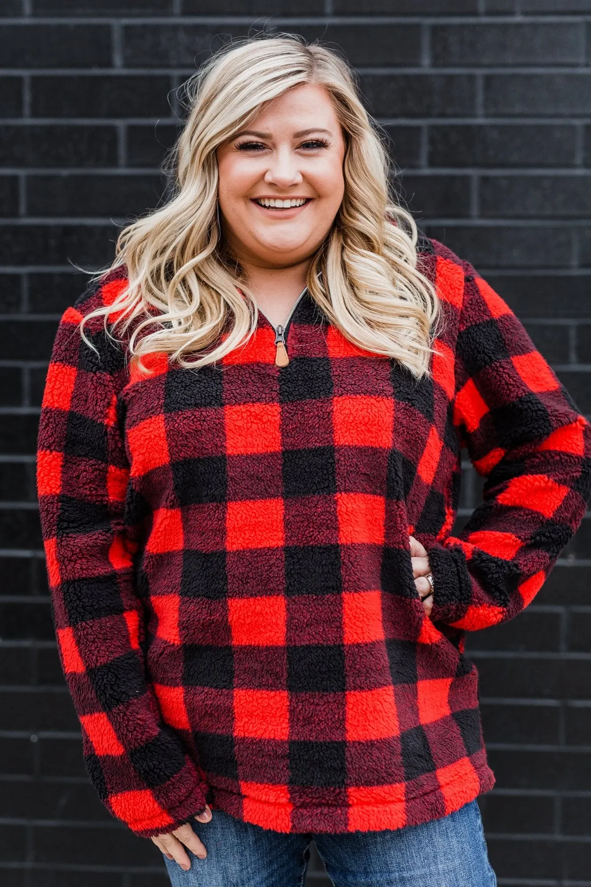 1/4 Zip Sherpa Pullover- Buffalo Plaid