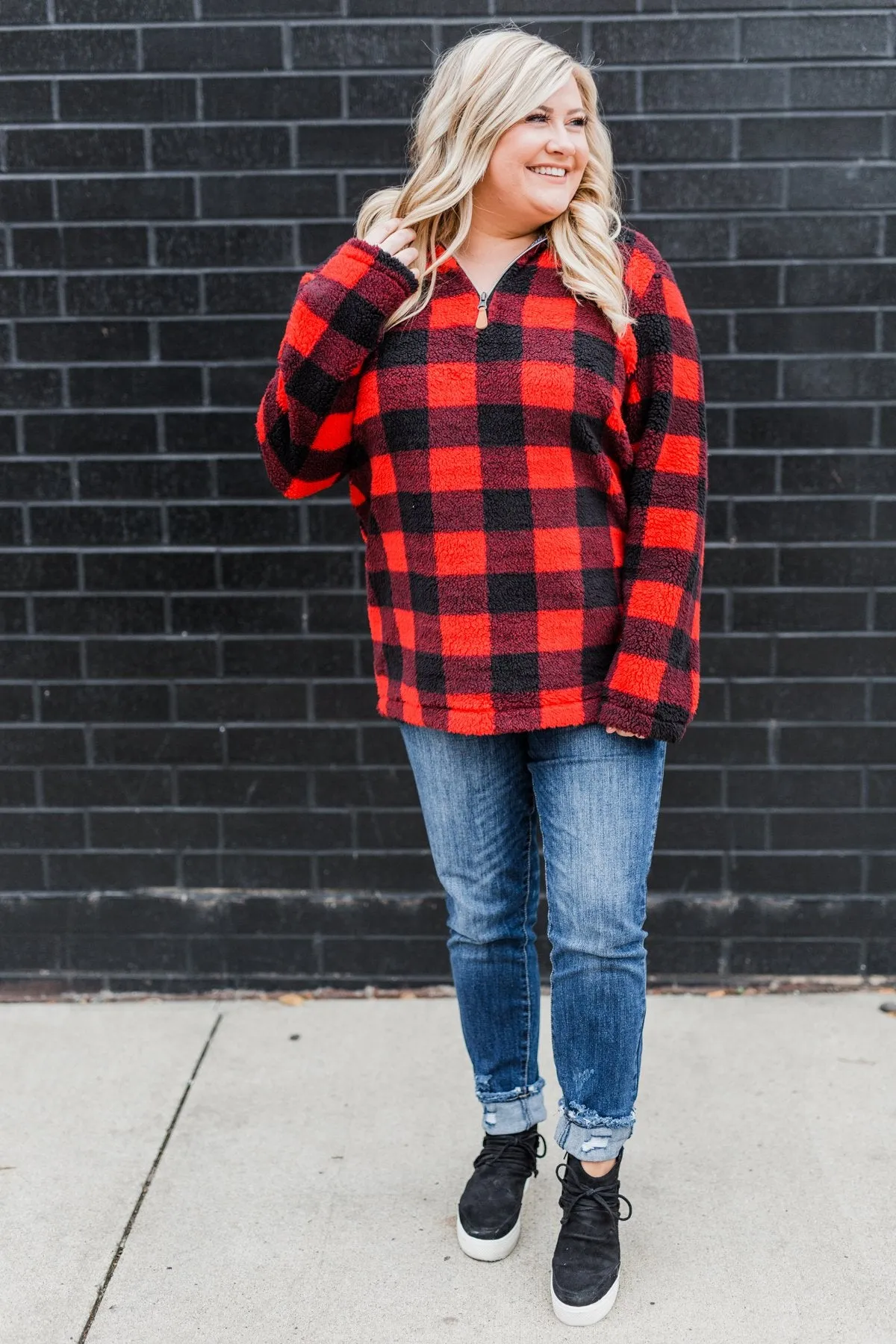 1/4 Zip Sherpa Pullover- Buffalo Plaid