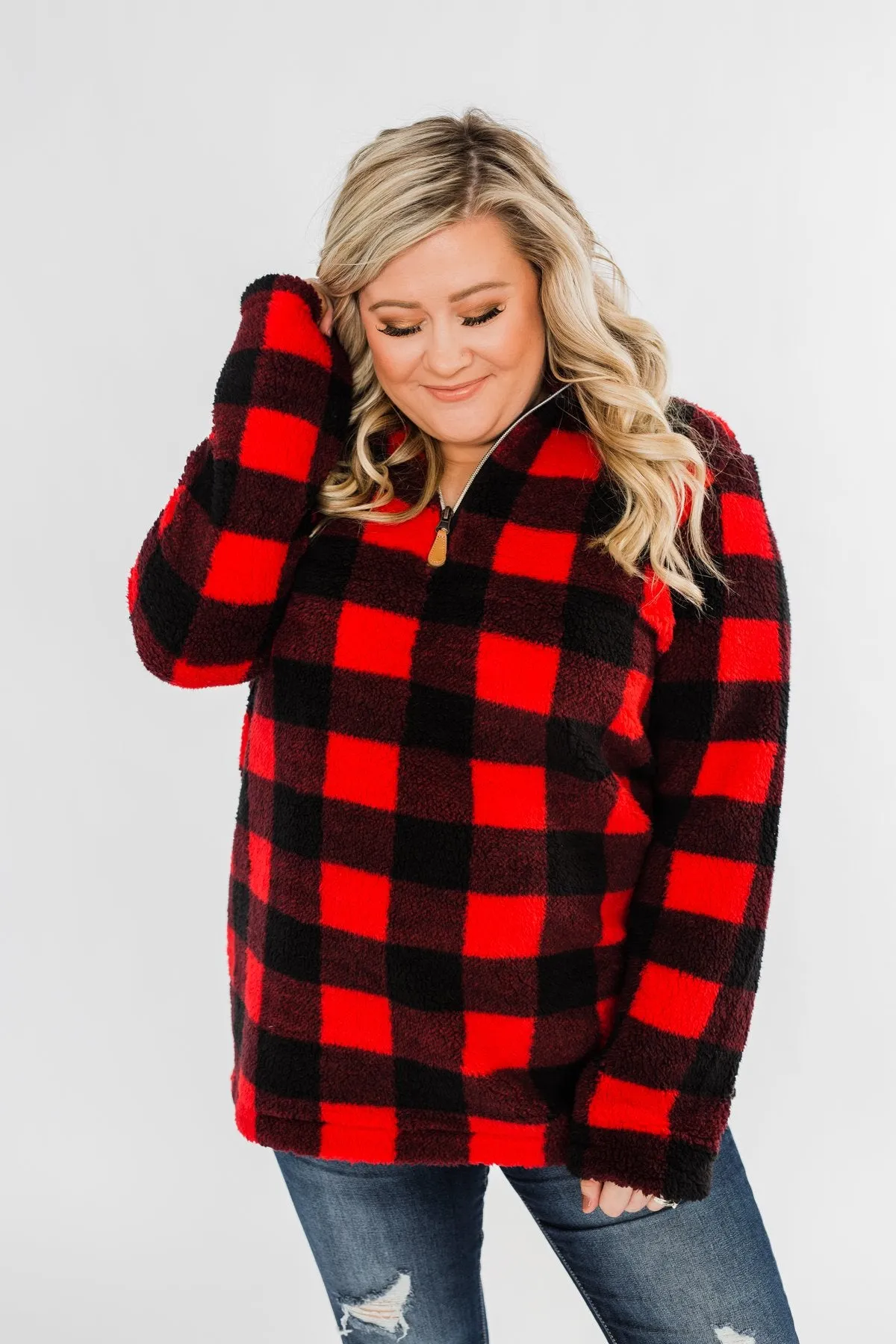 1/4 Zip Sherpa Pullover- Buffalo Plaid