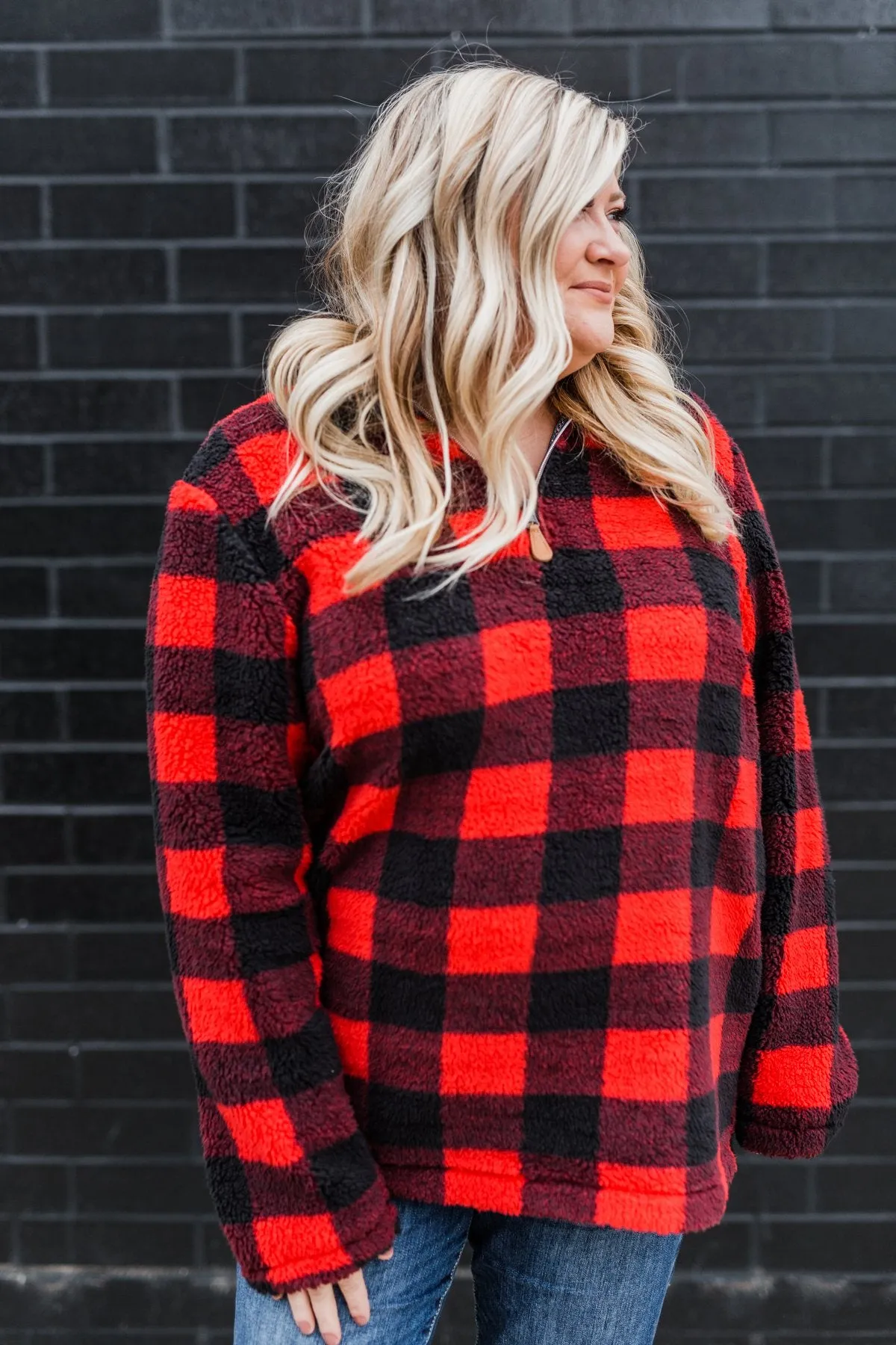 1/4 Zip Sherpa Pullover- Buffalo Plaid