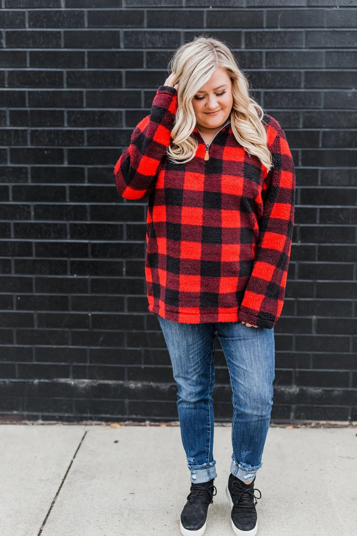 1/4 Zip Sherpa Pullover- Buffalo Plaid