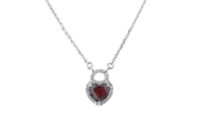 14K White Gold Diamond And Garnet Heart Lock Necklace