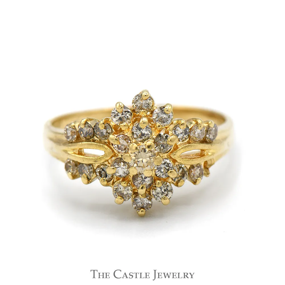 3/4cttw Flower Shaped Diamond Cluster Ring with Split Shank Sides in 14k Yellow Gold