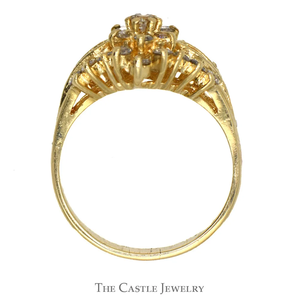 3/4cttw Flower Shaped Diamond Cluster Ring with Split Shank Sides in 14k Yellow Gold