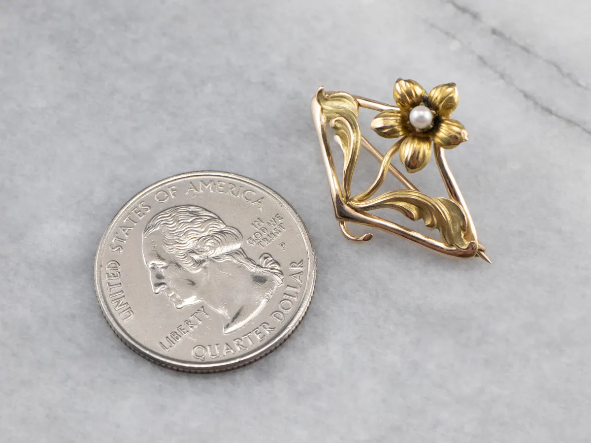 Antique Gold and Pearl Flower Pin