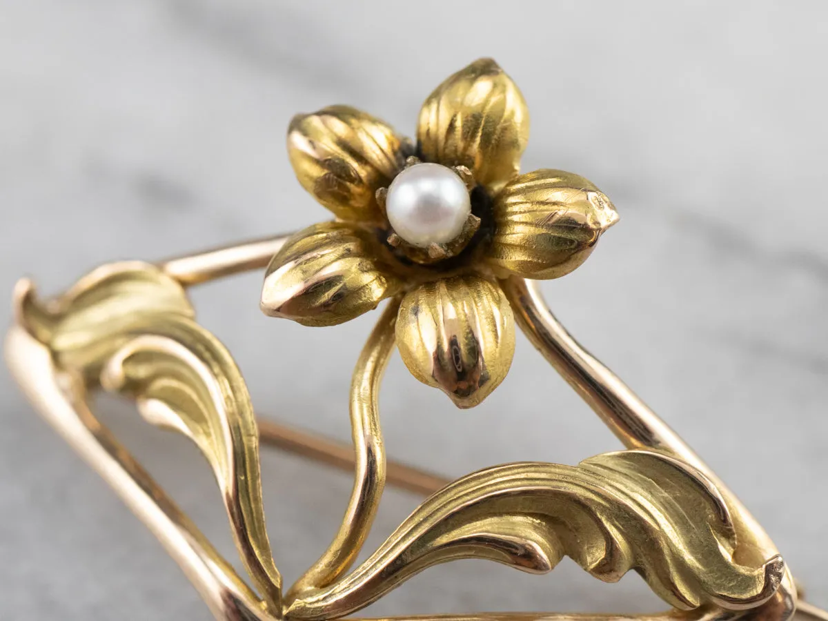 Antique Gold and Pearl Flower Pin