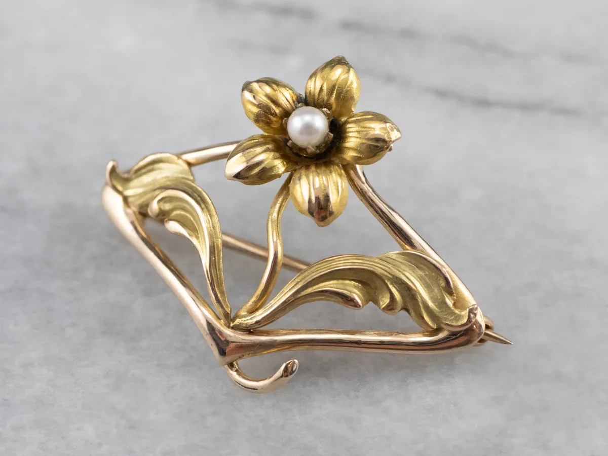 Antique Gold and Pearl Flower Pin