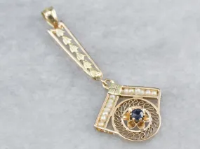 Antique Sapphire Seed Pearl Gold Lavalier Pendant