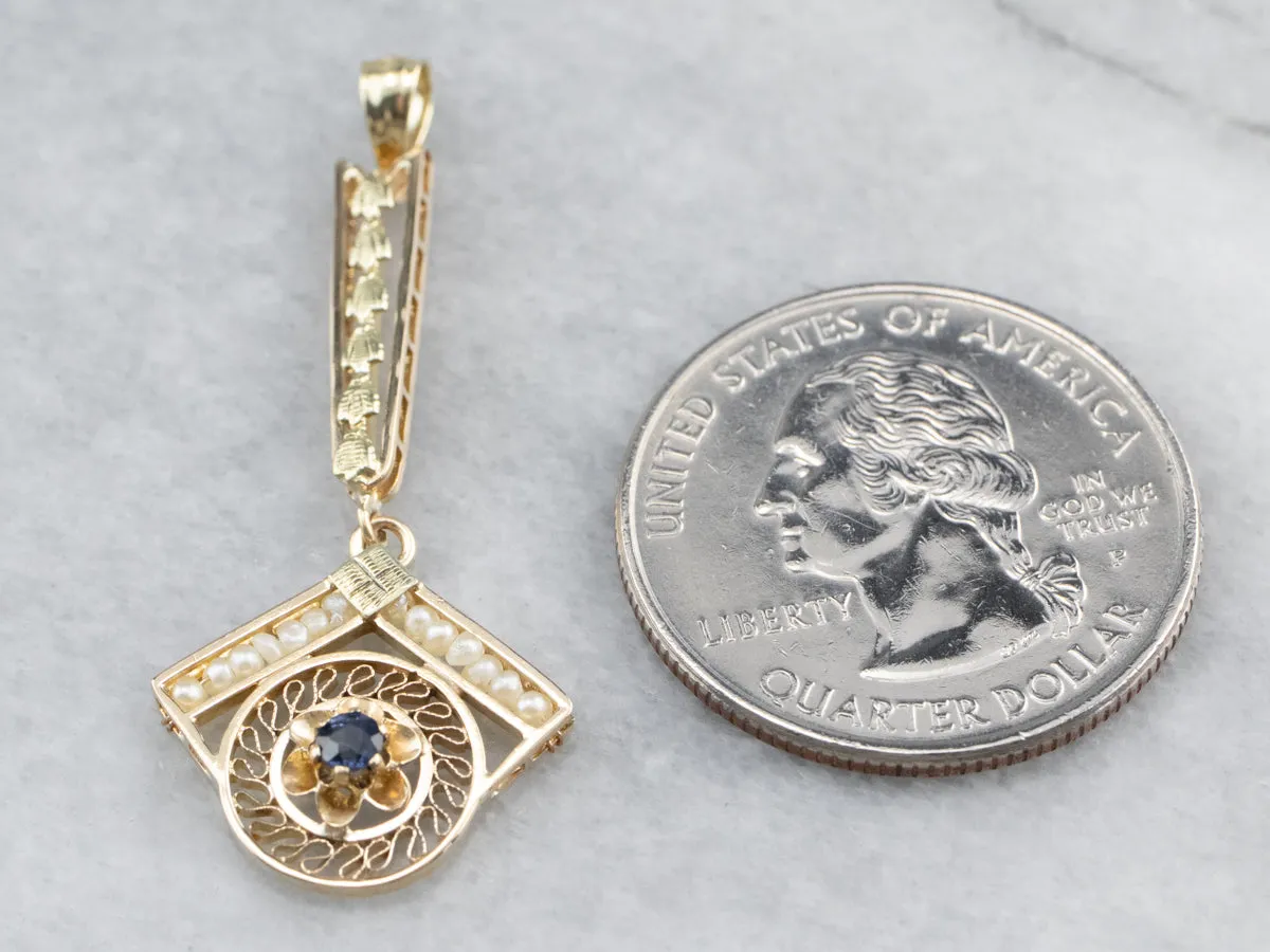 Antique Sapphire Seed Pearl Gold Lavalier Pendant