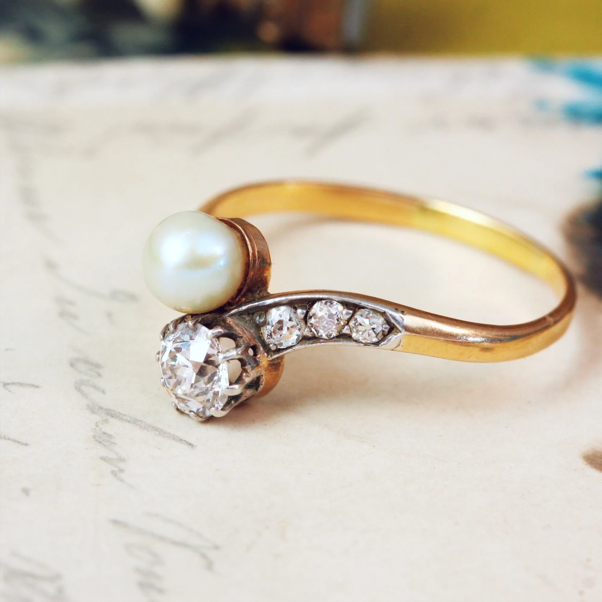 Beauteous Antique Pearl and Diamond Crossover Ring