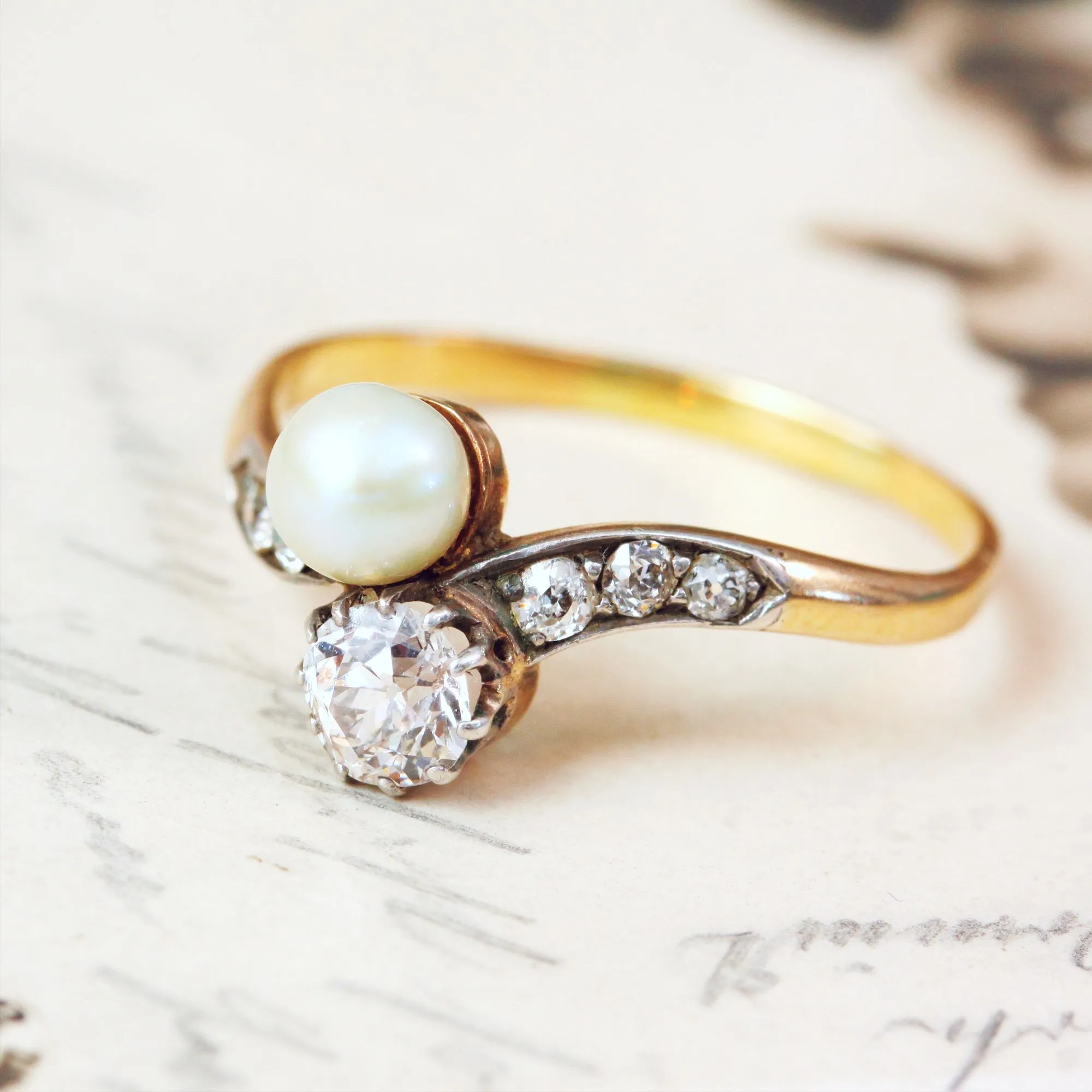 Beauteous Antique Pearl and Diamond Crossover Ring