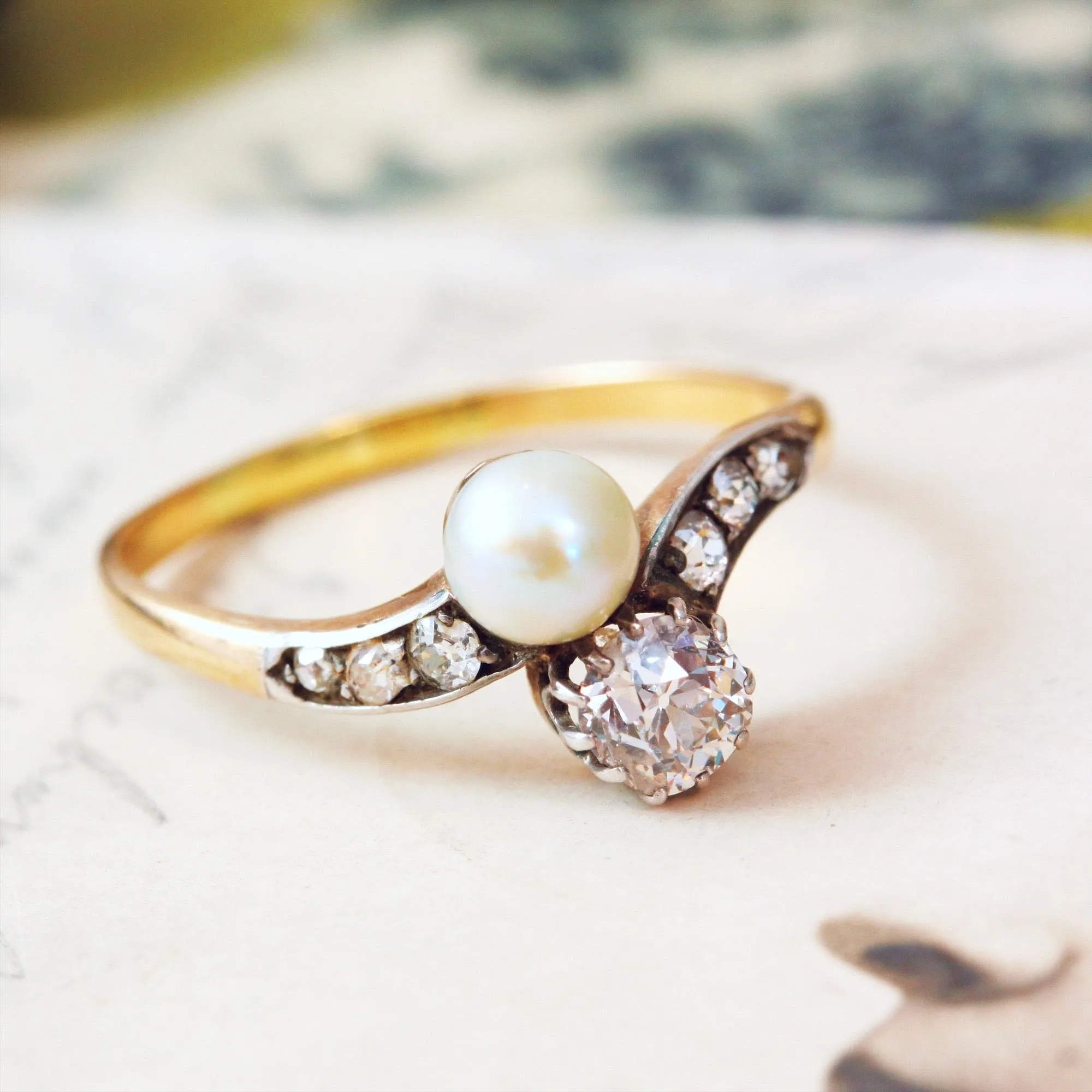 Beauteous Antique Pearl and Diamond Crossover Ring