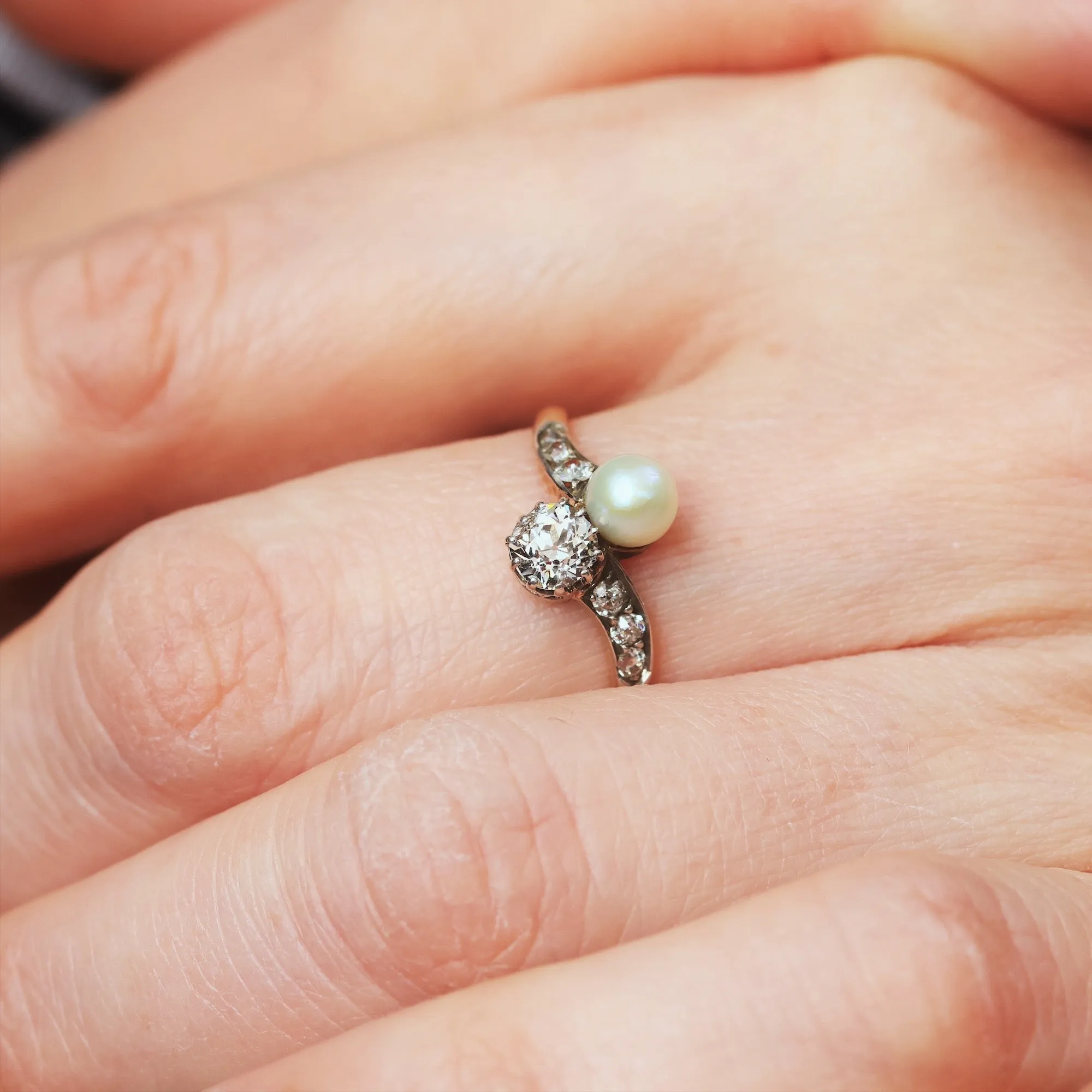 Beauteous Antique Pearl and Diamond Crossover Ring