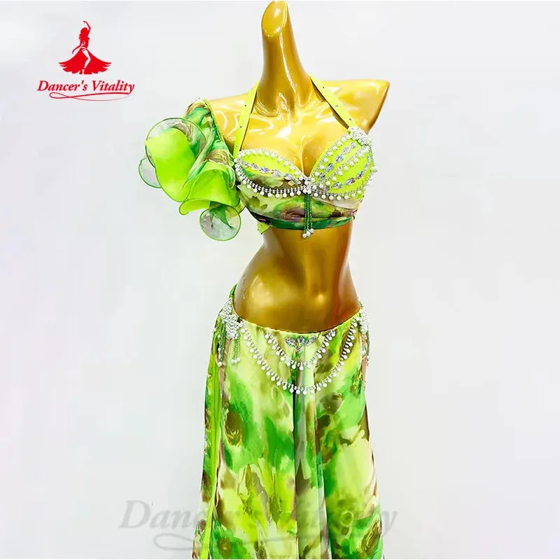 BellyDance Costume Women Customized Senior AB Stones Printed Chiffon Set Oriental Belly Dancing Professional Performance Outfit