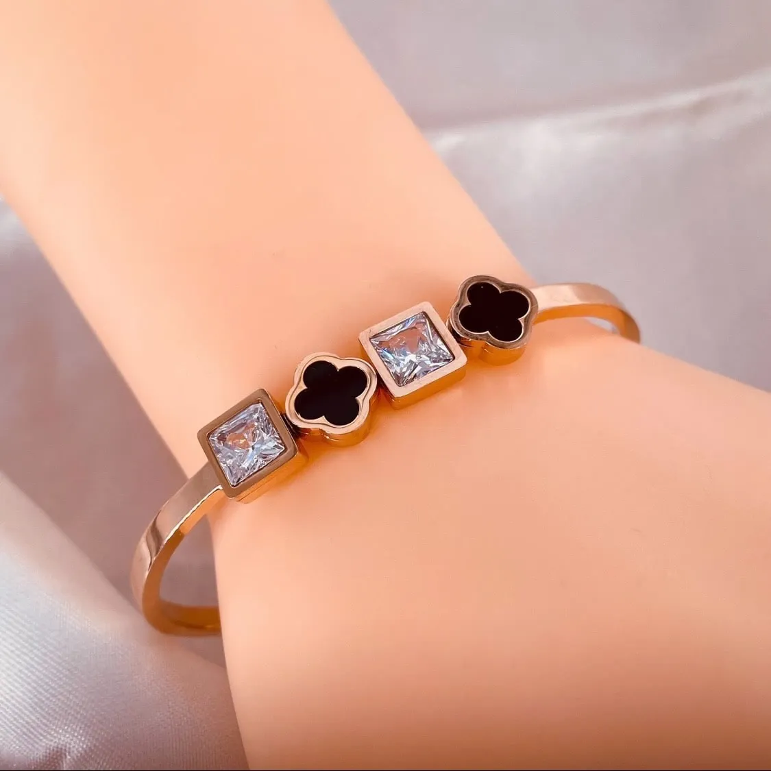 Black Clover Cubic Zirconia 18K Rose Gold Stainless Steel Kada for Women