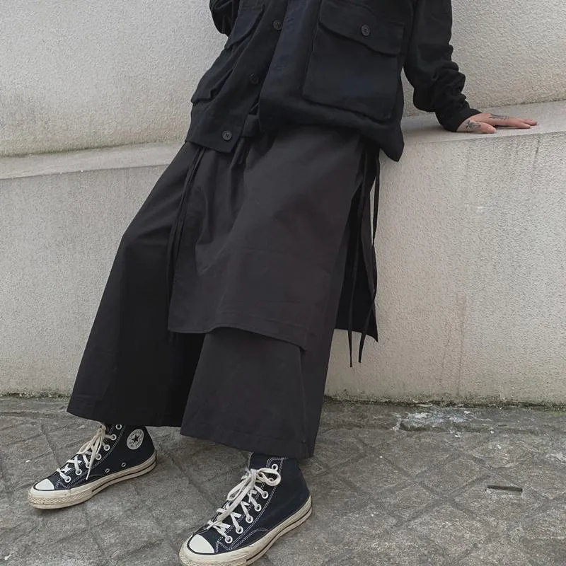 Black Fake Two Piece Goth Aesthetic Wide Leg Pants