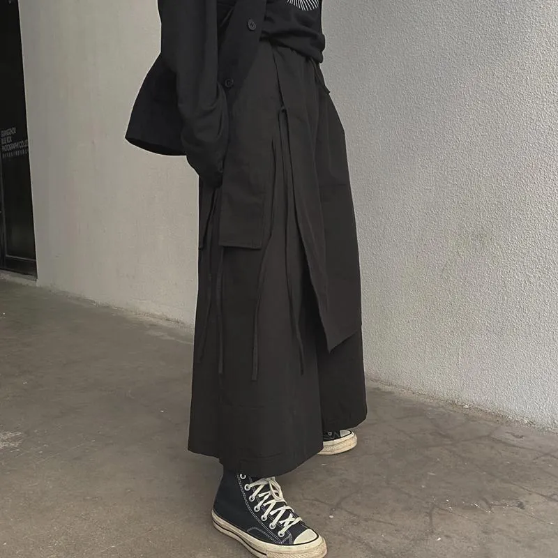 Black Fake Two Piece Goth Aesthetic Wide Leg Pants