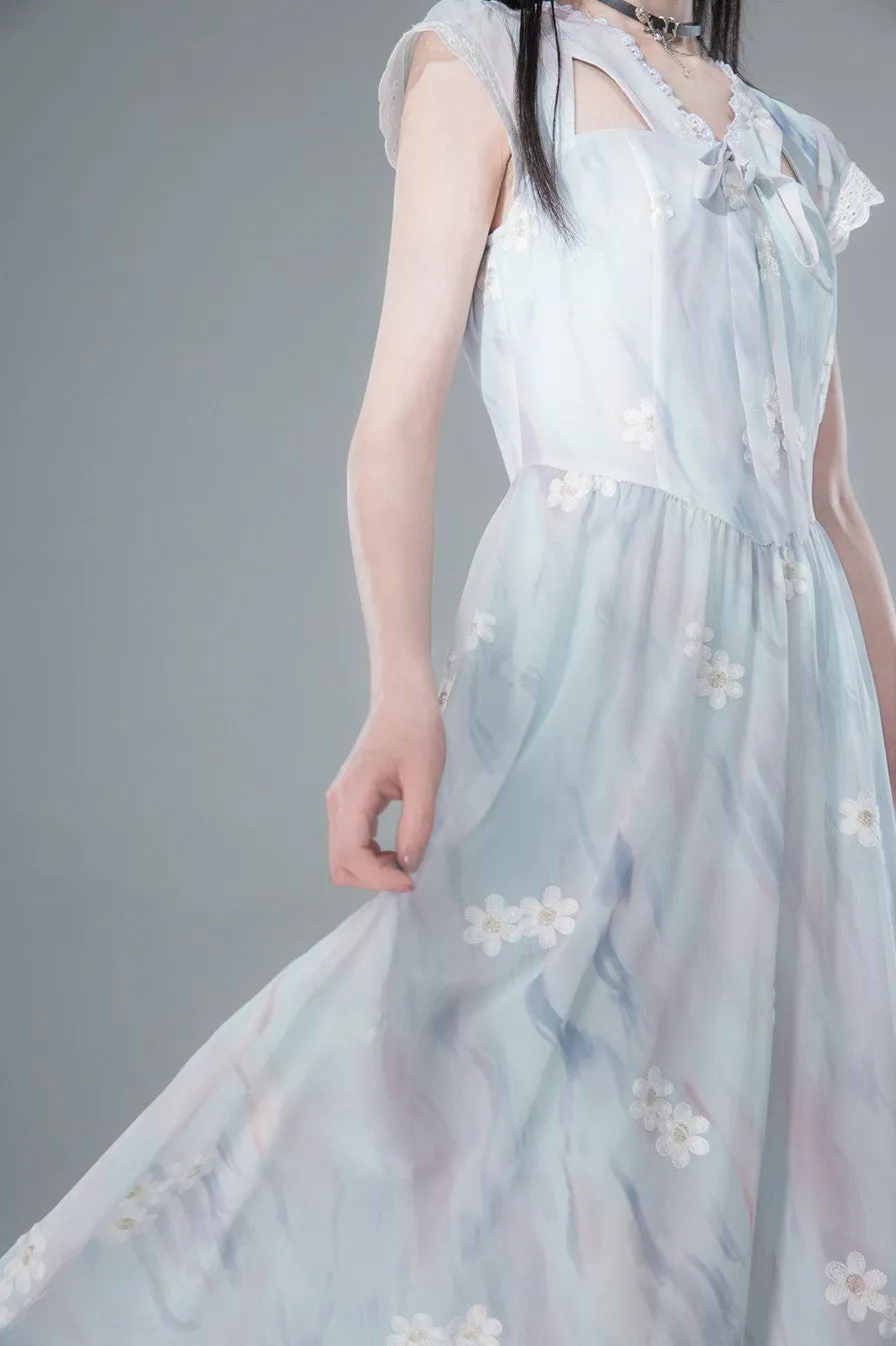 Blue Clear Hollow Romantic Embroidery Dress COT0140