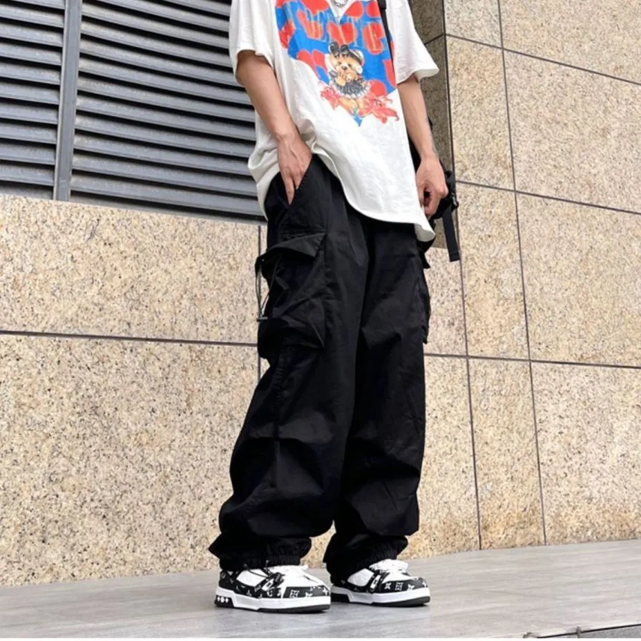 Bonsir boy outfits Japanese Harajuku Style American Style Wide Leg High Street Multi-Pocket Drawstring Casual Pants Loose Oversize Overalls