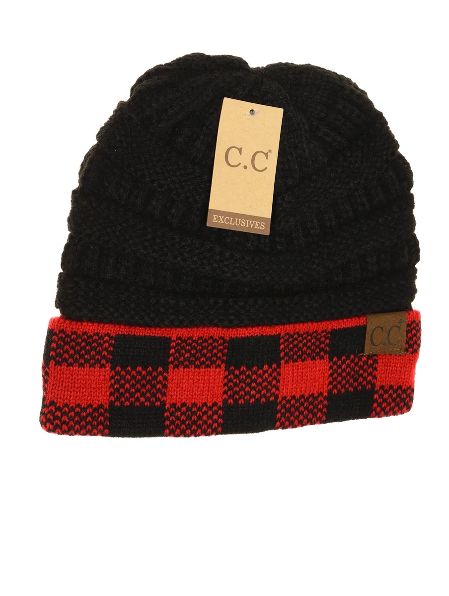 Buffalo Check Knit CC Beanie in Red