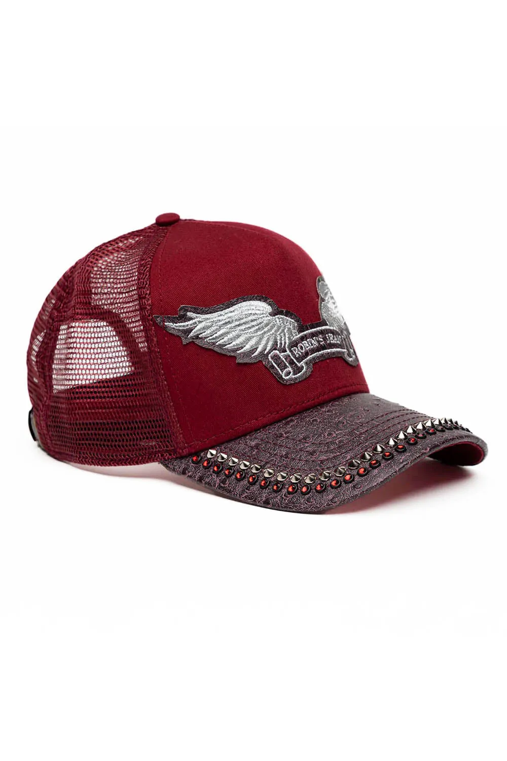 BURGUNDY/WINE OSTRICH TRUCKER HAT WITH SILVER SPIKE/RED CRYSTAL EMBELLISHMENT