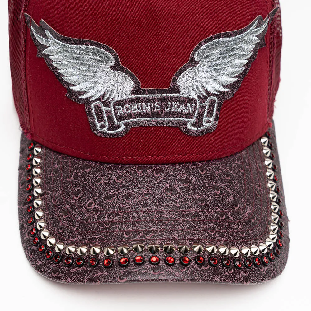 BURGUNDY/WINE OSTRICH TRUCKER HAT WITH SILVER SPIKE/RED CRYSTAL EMBELLISHMENT