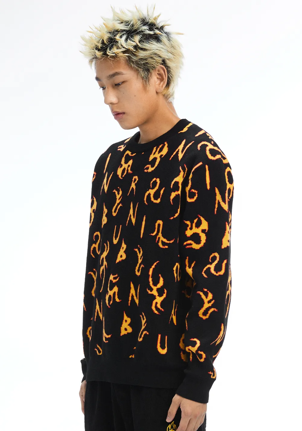 BURNIN * All-over Fire Print Sweater