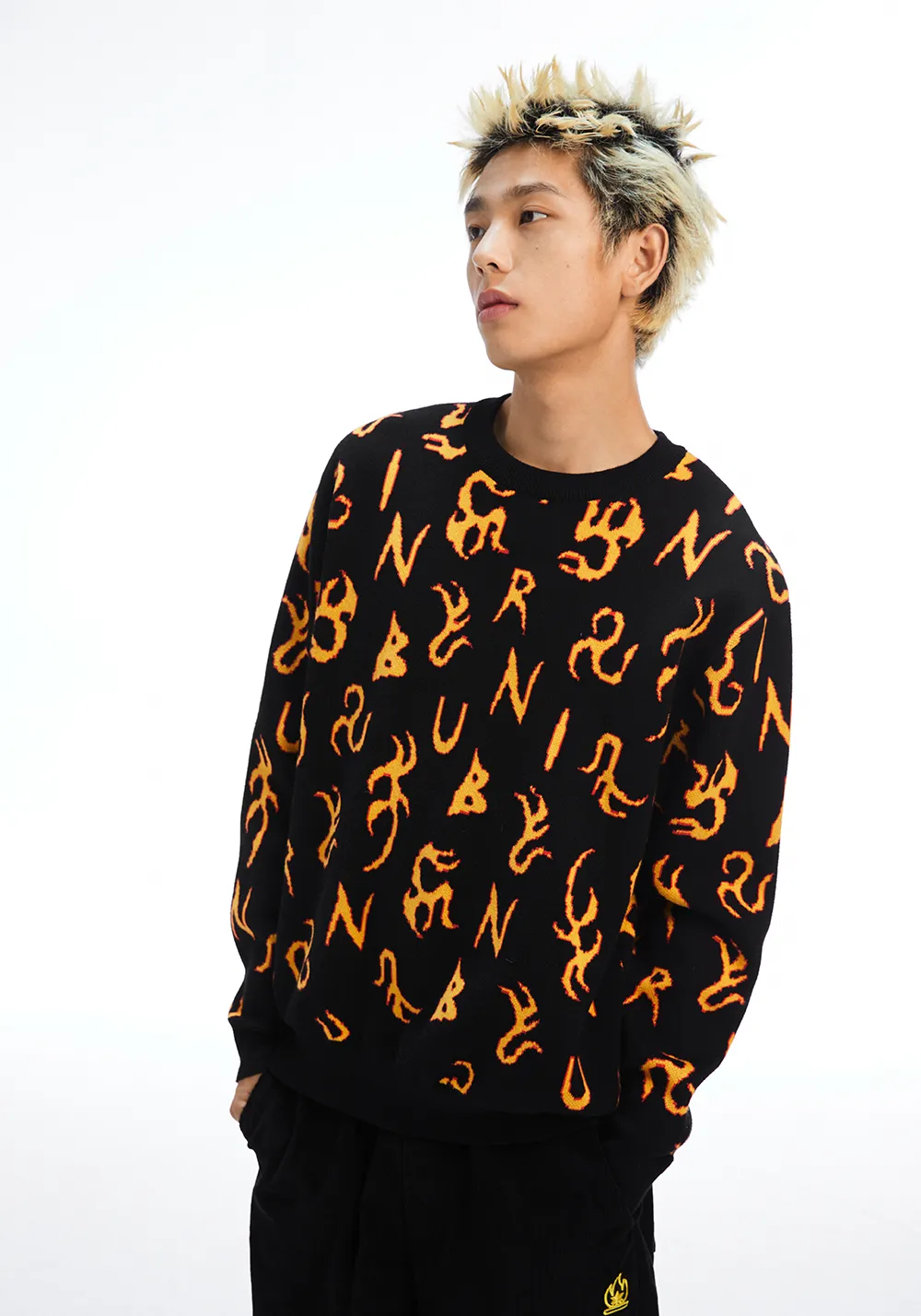 BURNIN * All-over Fire Print Sweater