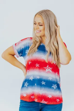 Bustin' It Up Stars and Stripes Print Short Sleeve Top in Red