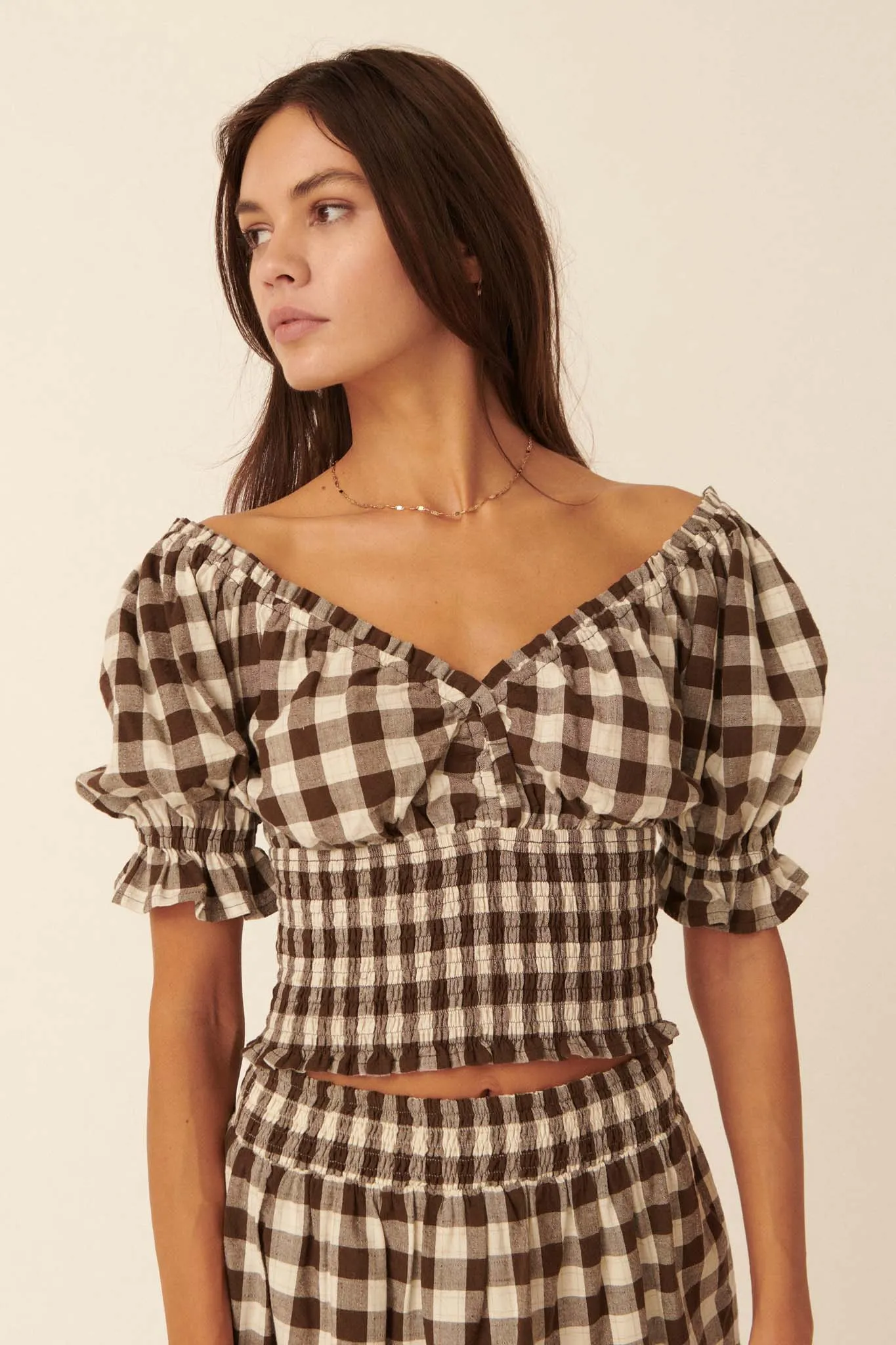 Candy Kisses Smocked Gingham Puff-Sleeve Top