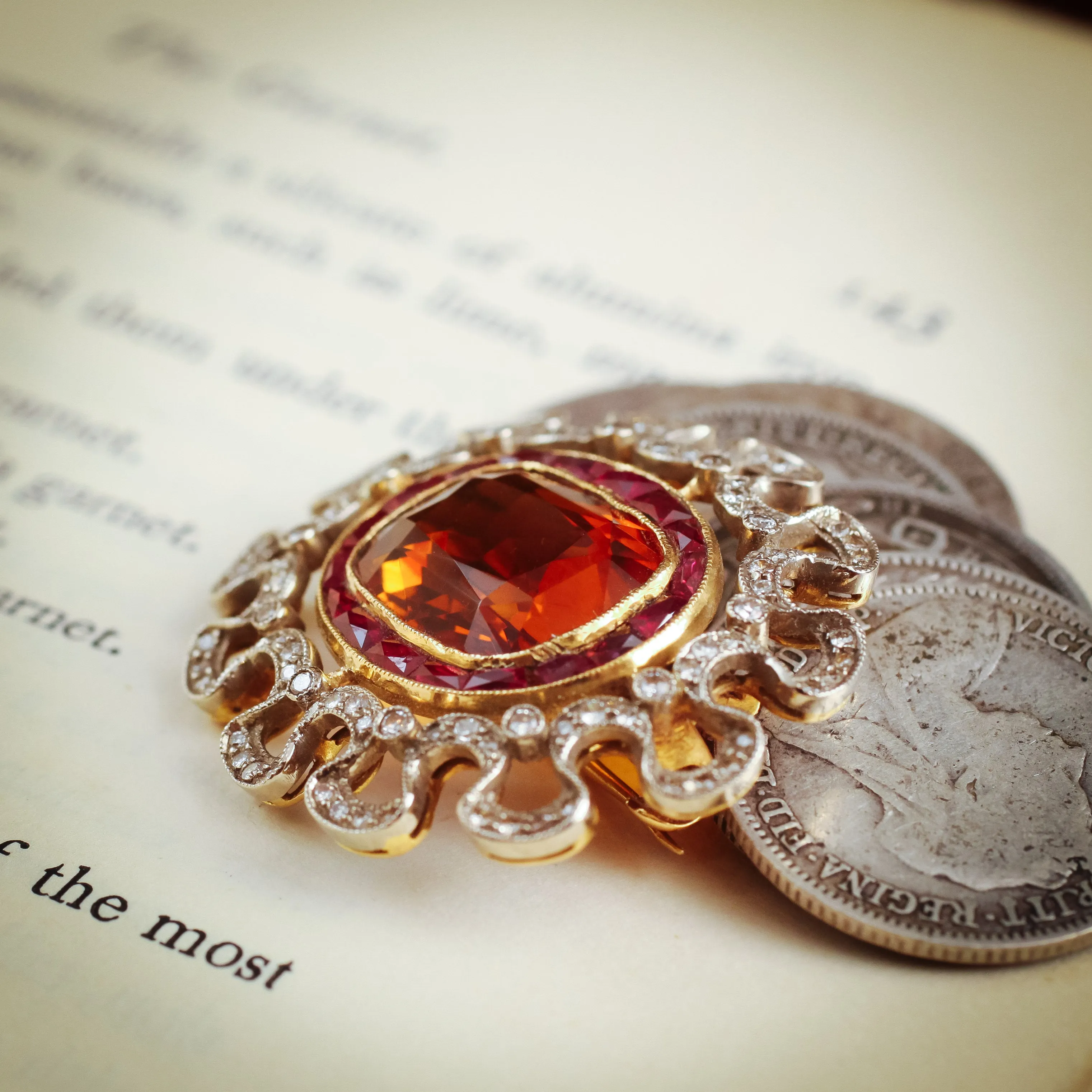 Extraordinary Antique Edwardian Citrine, Ruby and Diamond Brooch