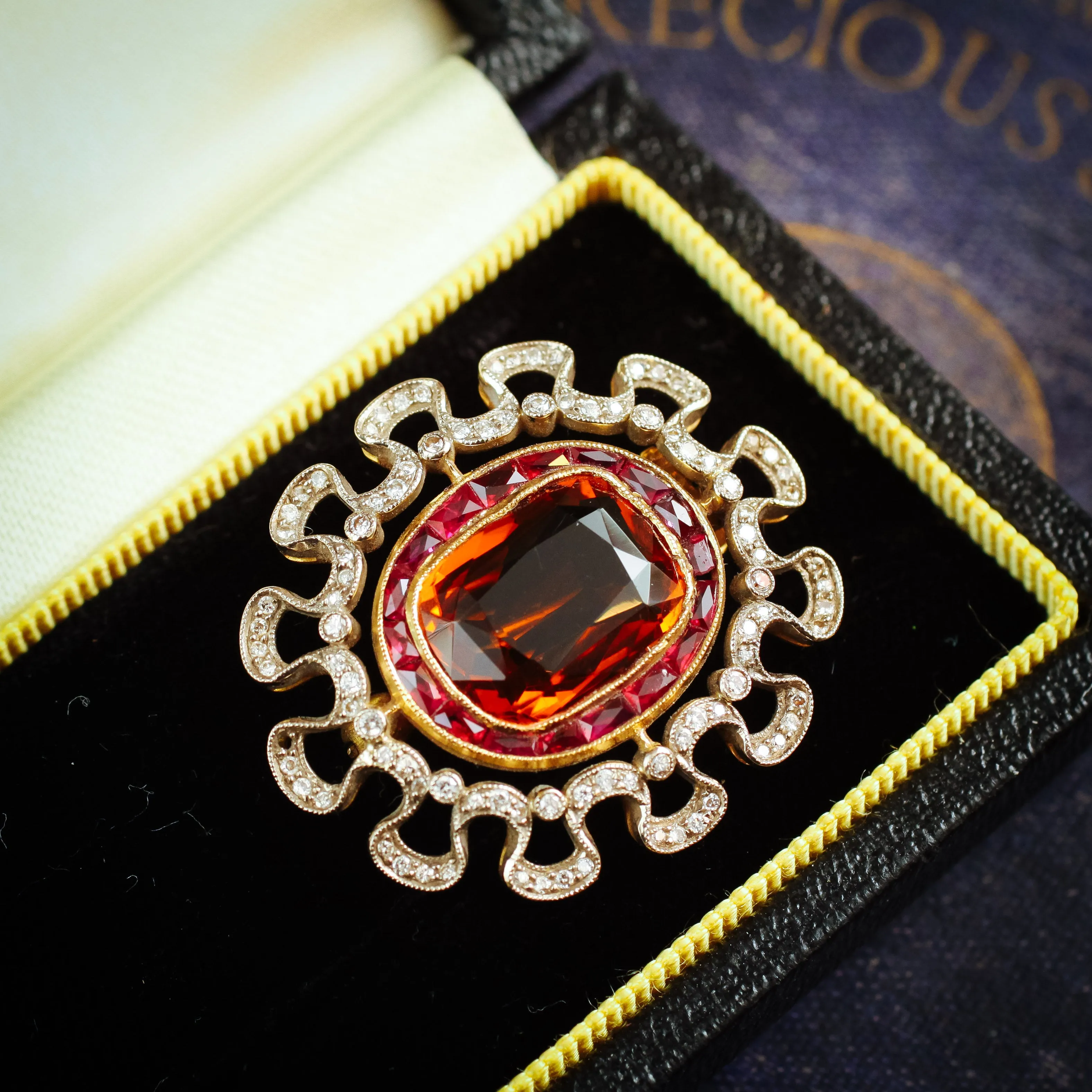 Extraordinary Antique Edwardian Citrine, Ruby and Diamond Brooch