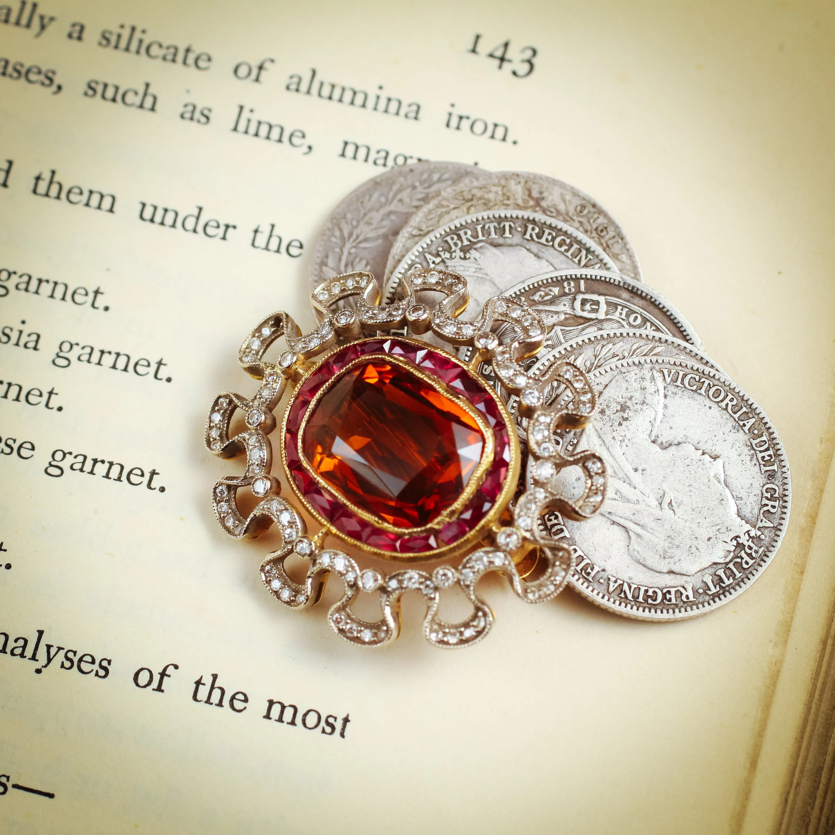 Extraordinary Antique Edwardian Citrine, Ruby and Diamond Brooch