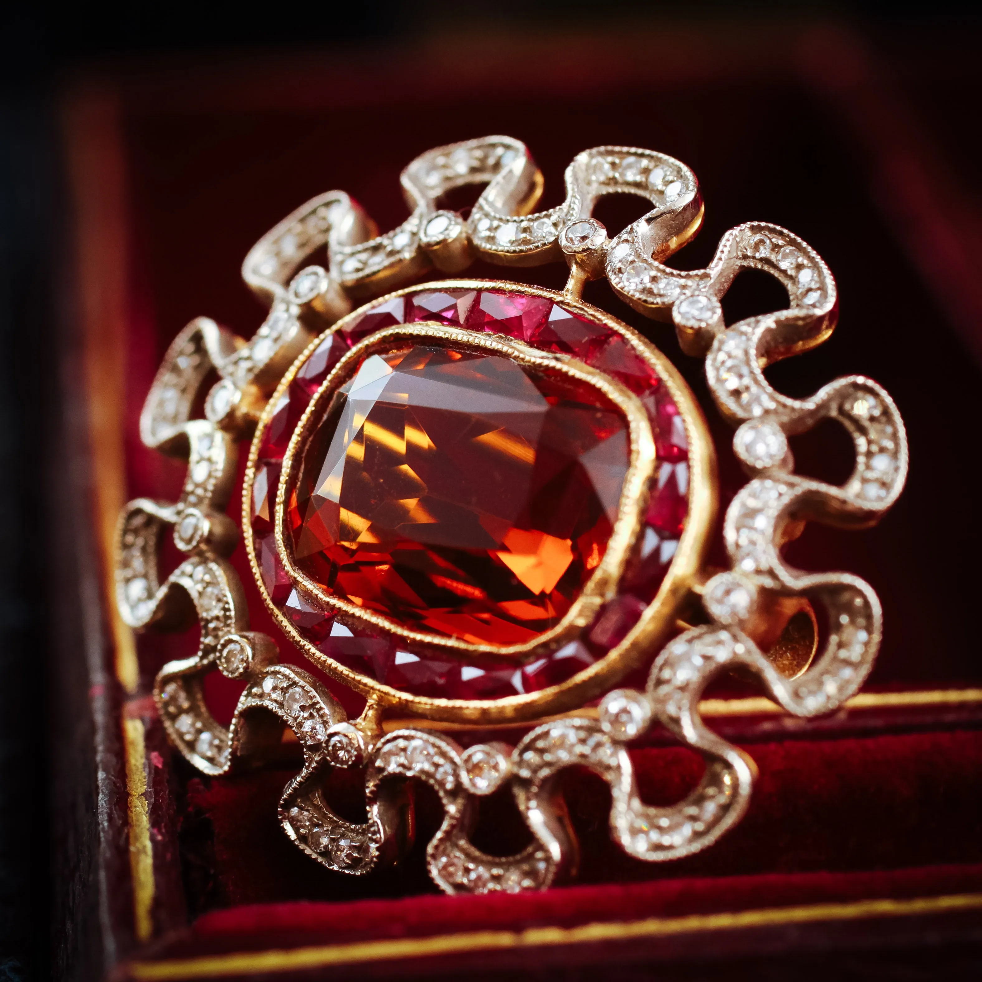 Extraordinary Antique Edwardian Citrine, Ruby and Diamond Brooch