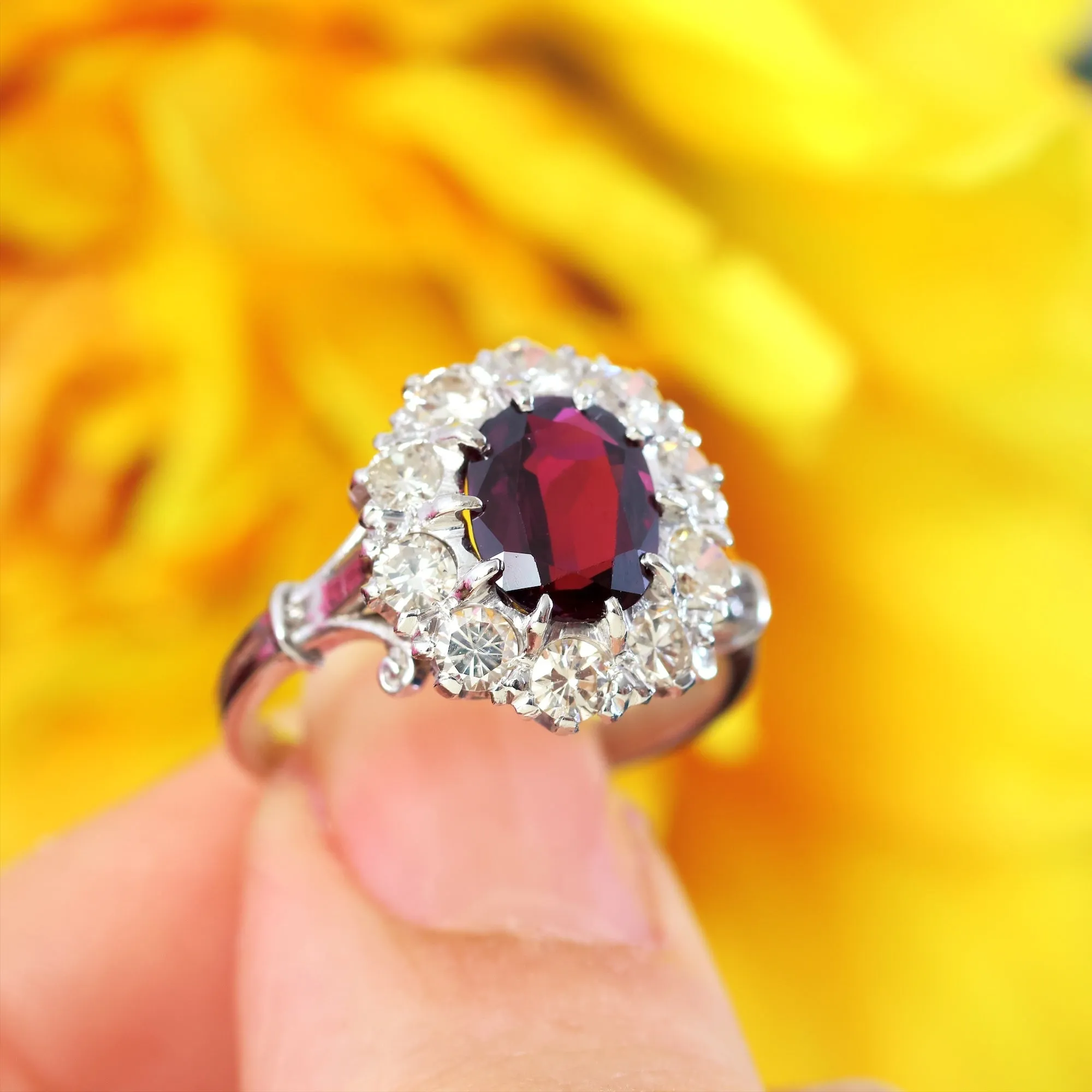 Extraordinary Vintage Deep Wine Ruby & Diamond Cluster Ring