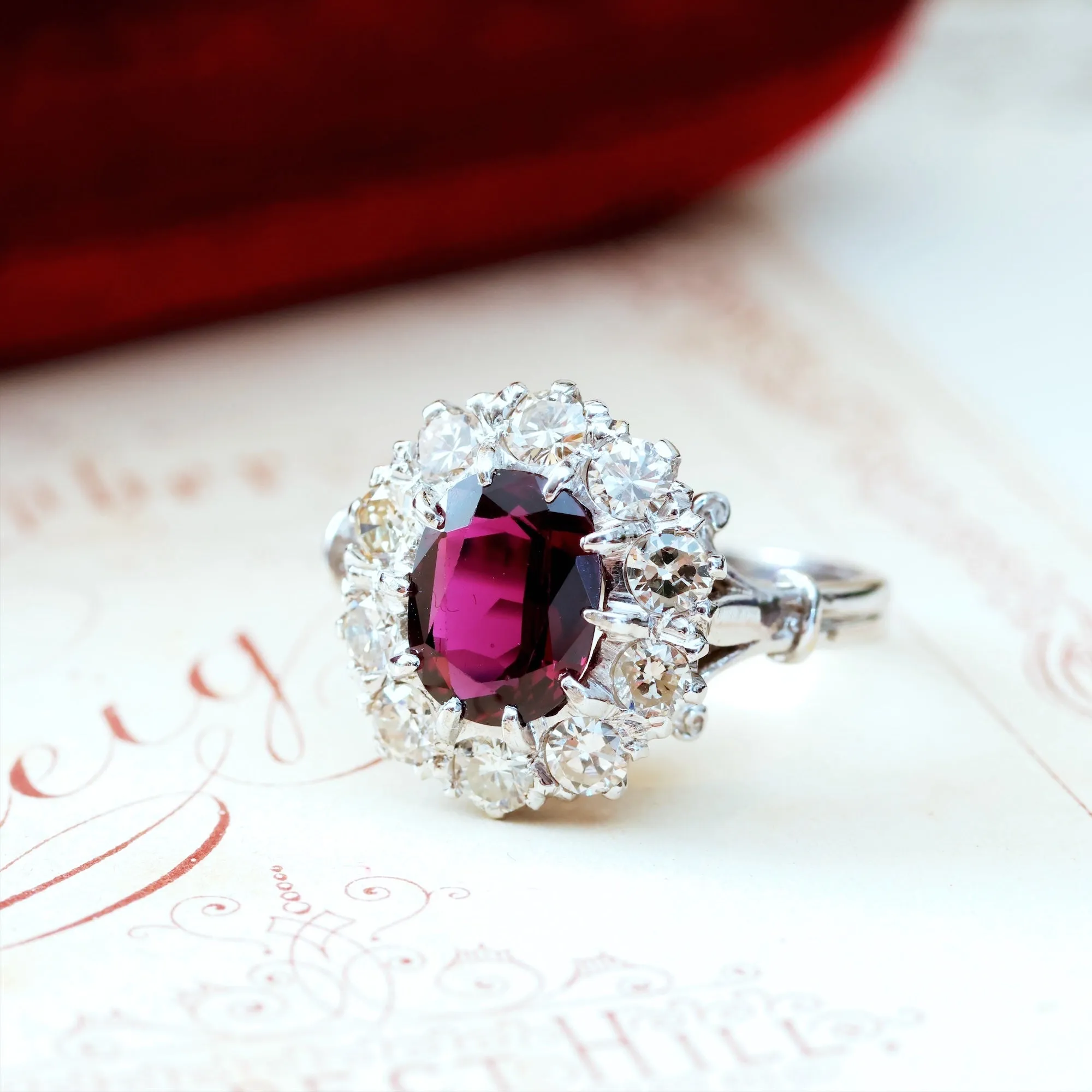 Extraordinary Vintage Deep Wine Ruby & Diamond Cluster Ring