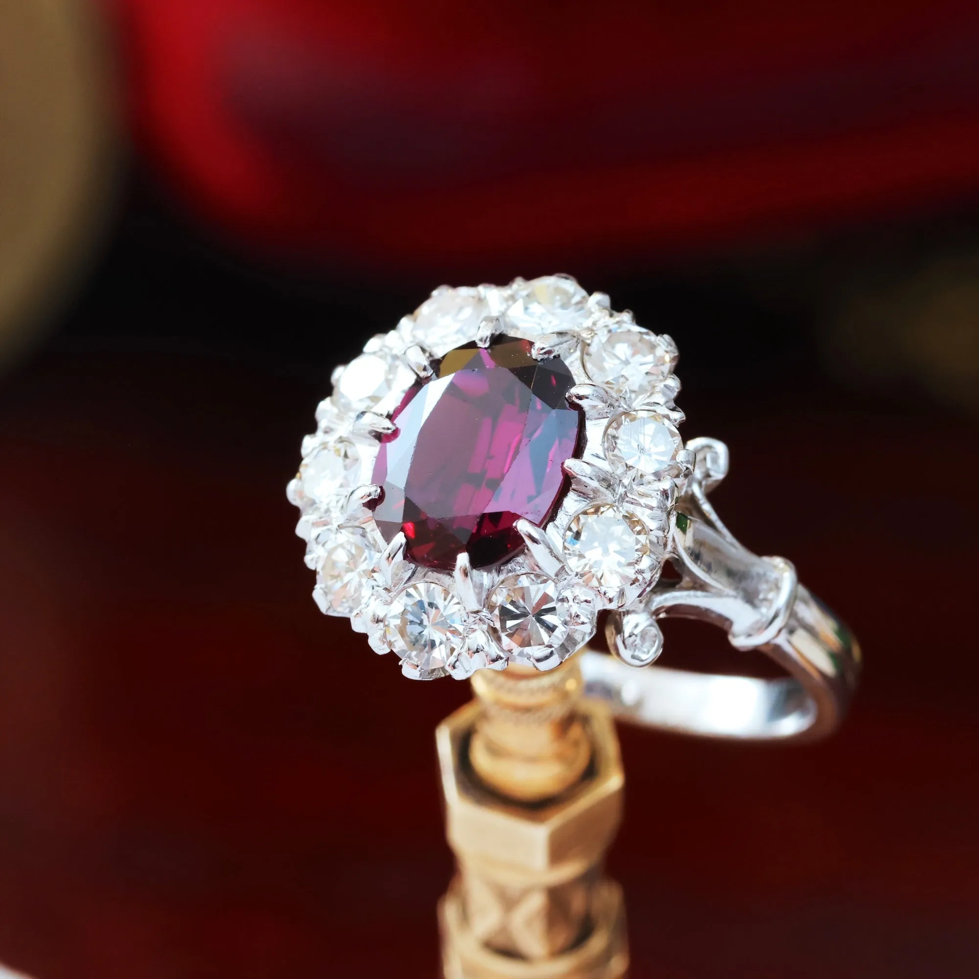 Extraordinary Vintage Deep Wine Ruby & Diamond Cluster Ring