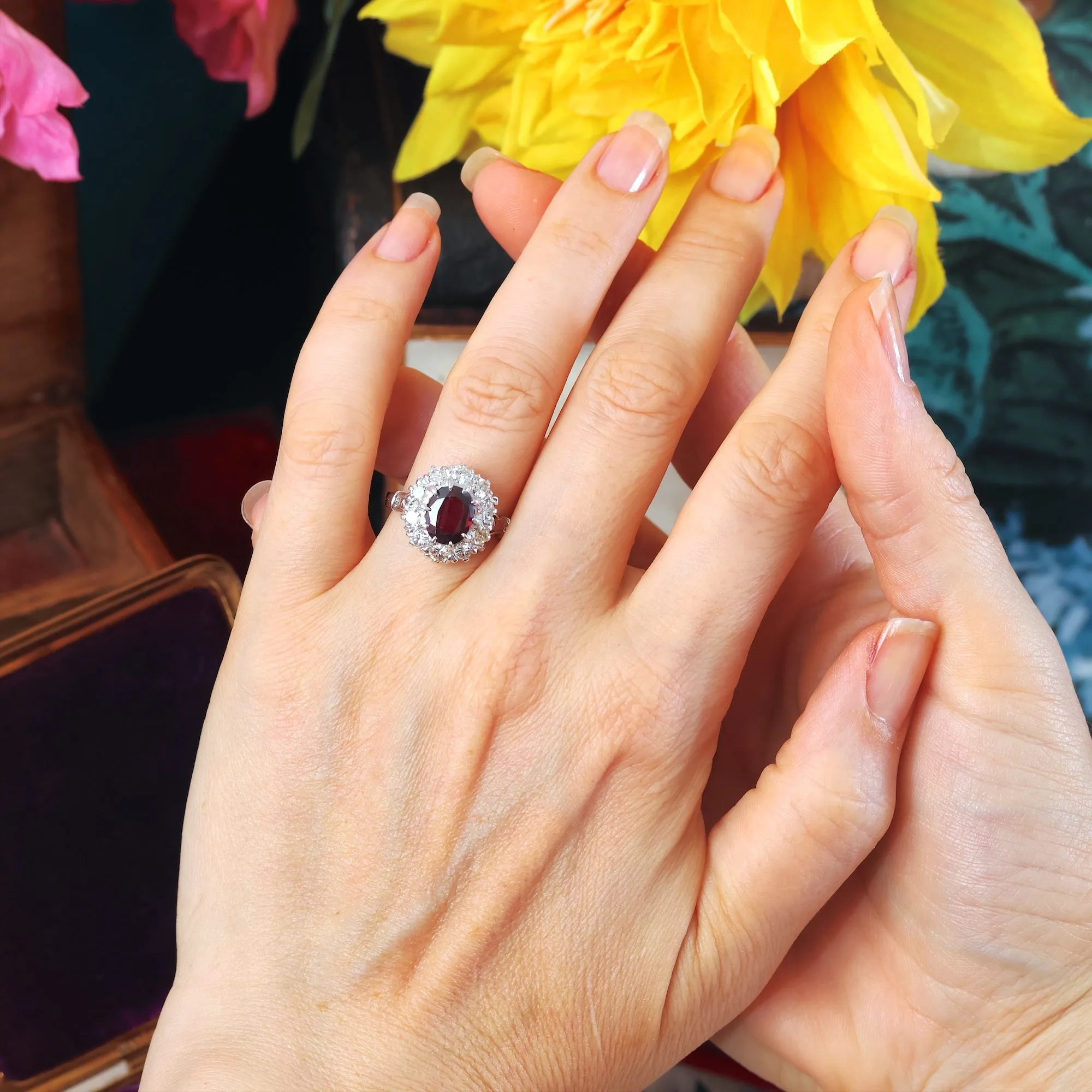 Extraordinary Vintage Deep Wine Ruby & Diamond Cluster Ring