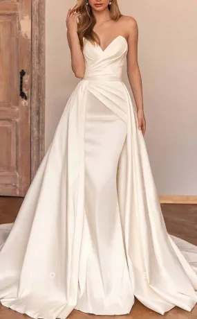 H1281 - Sexy Satin A-Line Sweetheart Sleeveless  Empire Ruched With Overskirt Train Wedding Dress