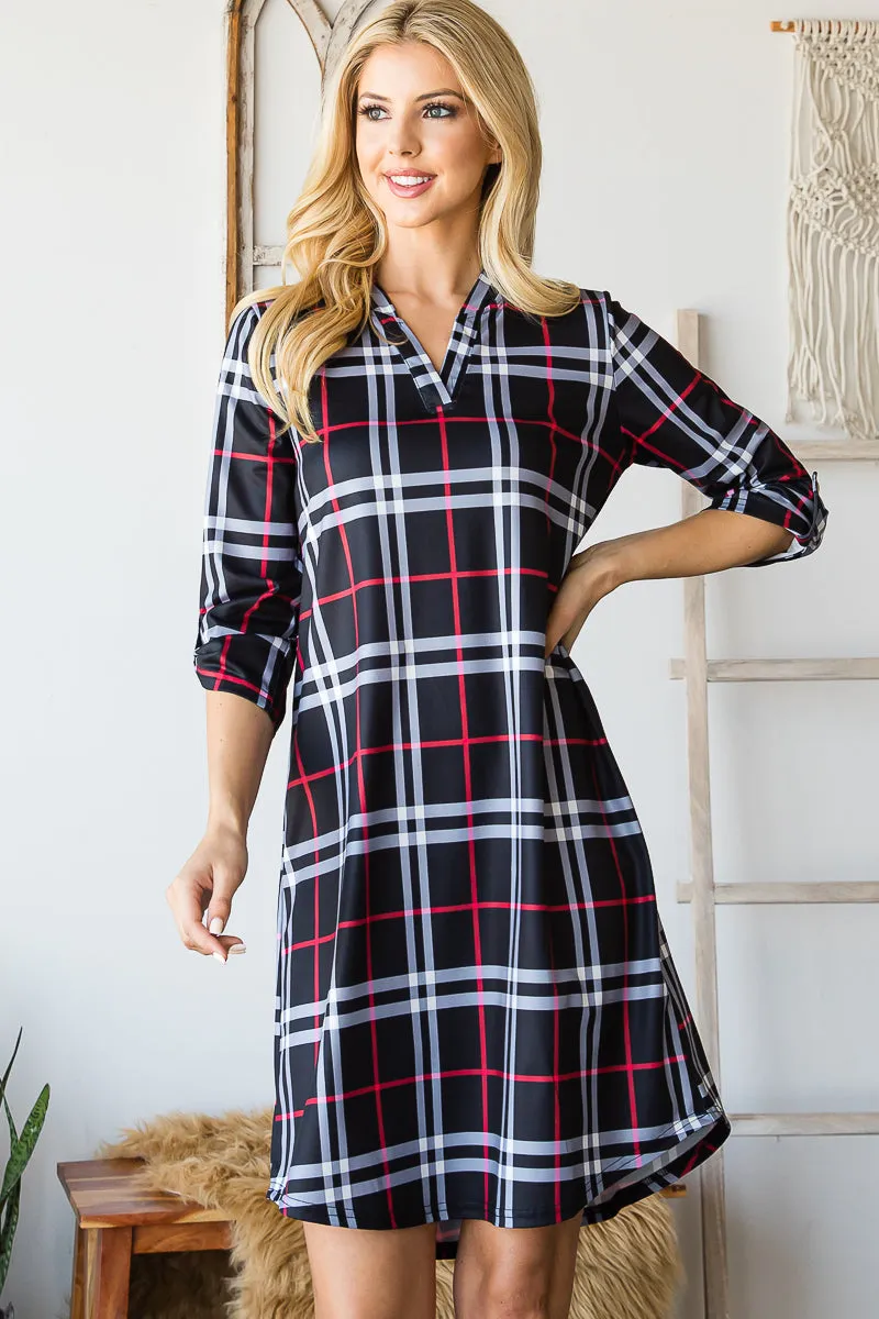 Haute Edition Women's 3/4 Plaid Roll-Tab Sleeve Shirt Dress