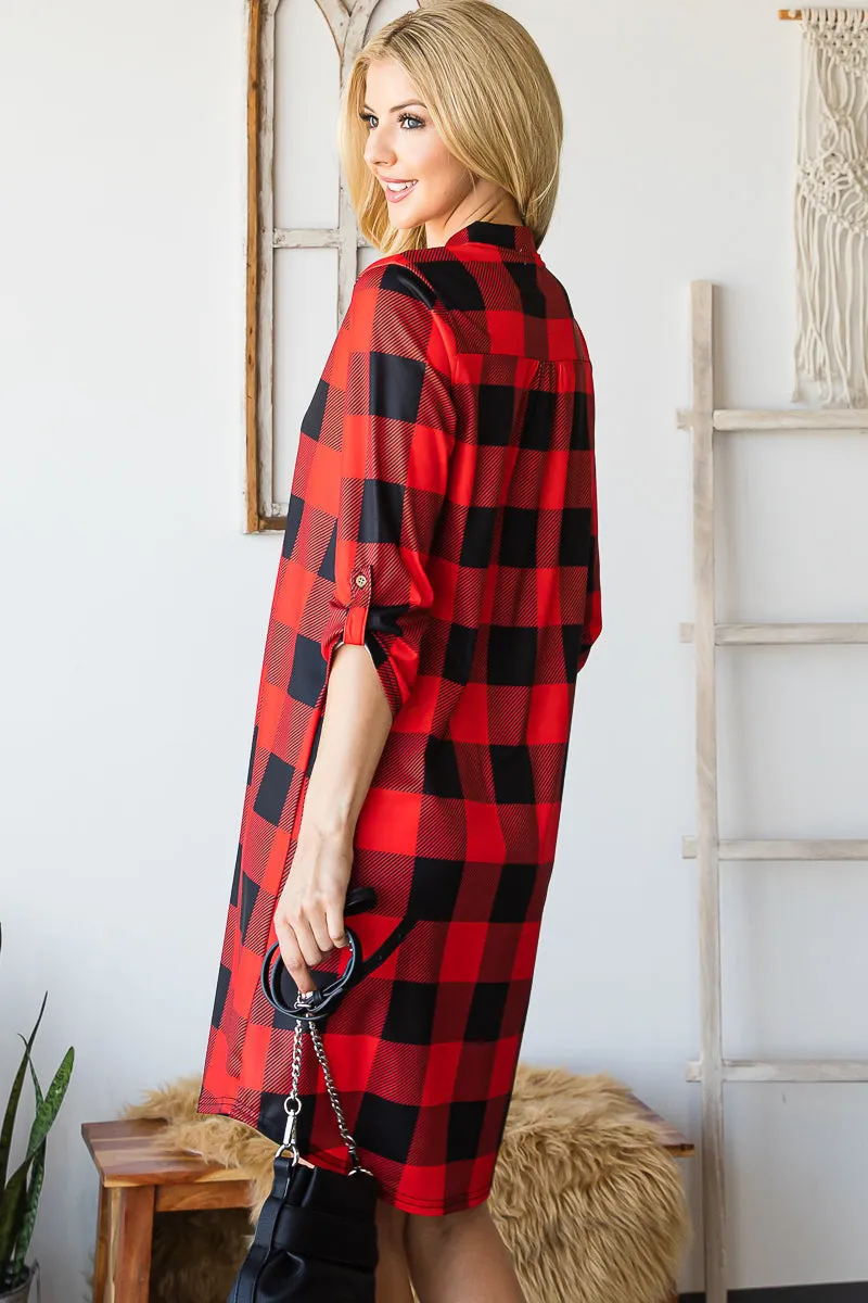 Haute Edition Women's 3/4 Plaid Roll-Tab Sleeve Shirt Dress