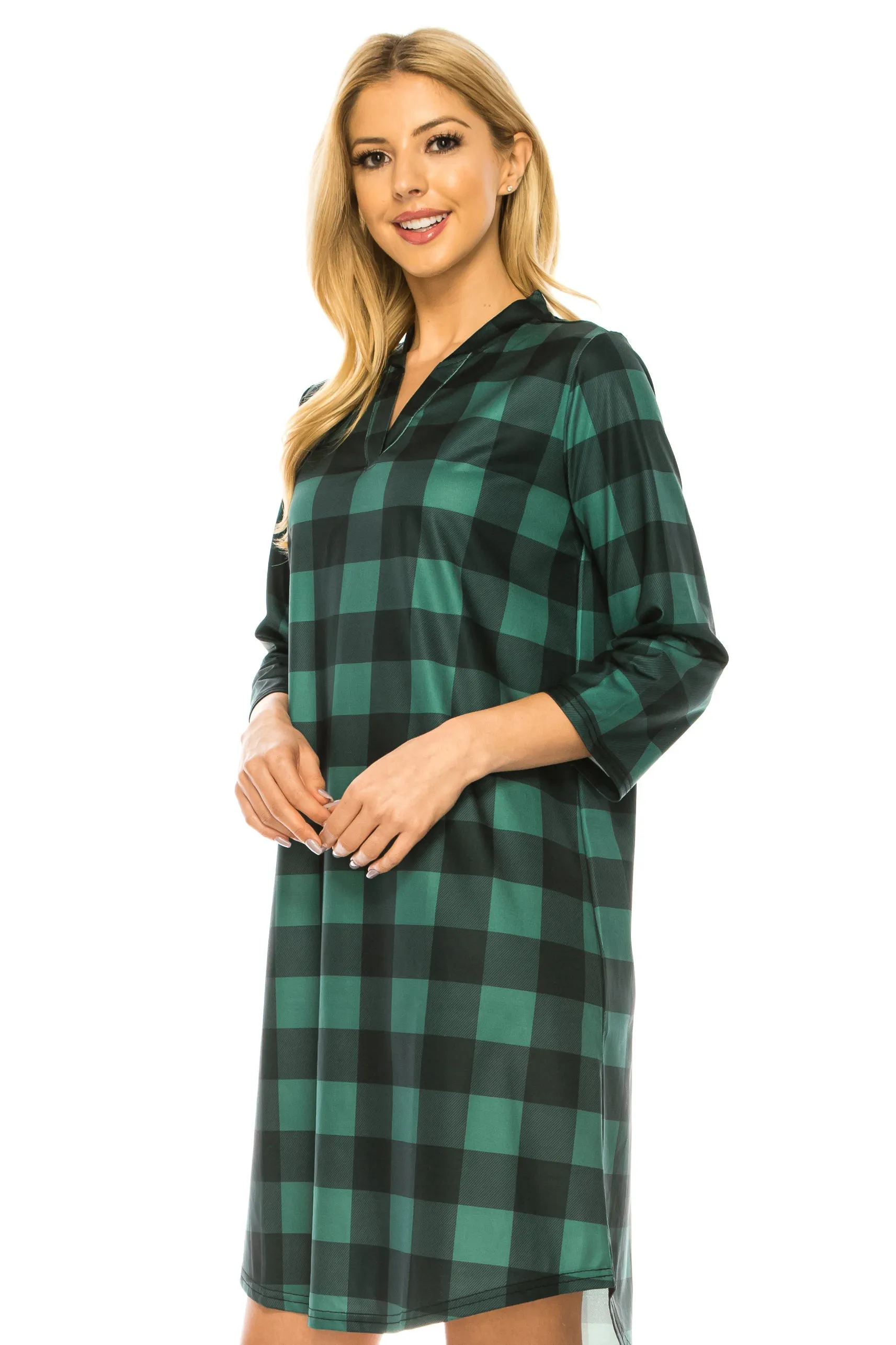 Haute Edition Women's 3/4 Plaid Roll-Tab Sleeve Shirt Dress