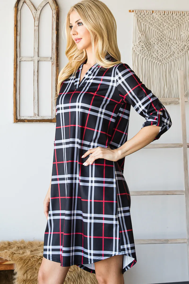 Haute Edition Women's 3/4 Plaid Roll-Tab Sleeve Shirt Dress