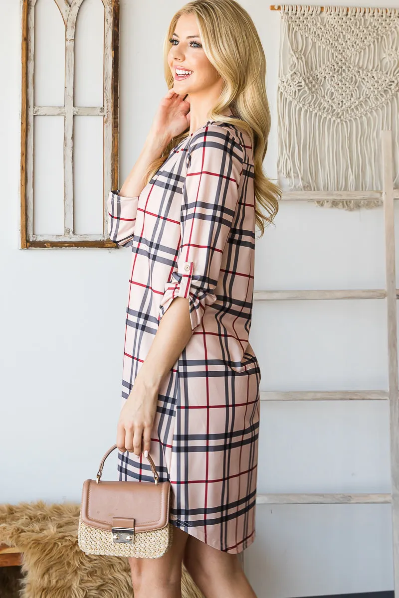 Haute Edition Women's 3/4 Plaid Roll-Tab Sleeve Shirt Dress