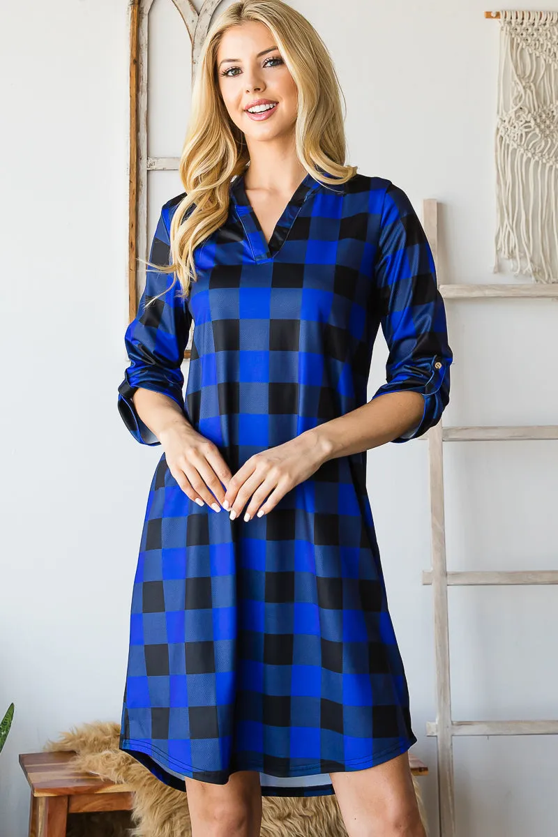 Haute Edition Women's 3/4 Plaid Roll-Tab Sleeve Shirt Dress