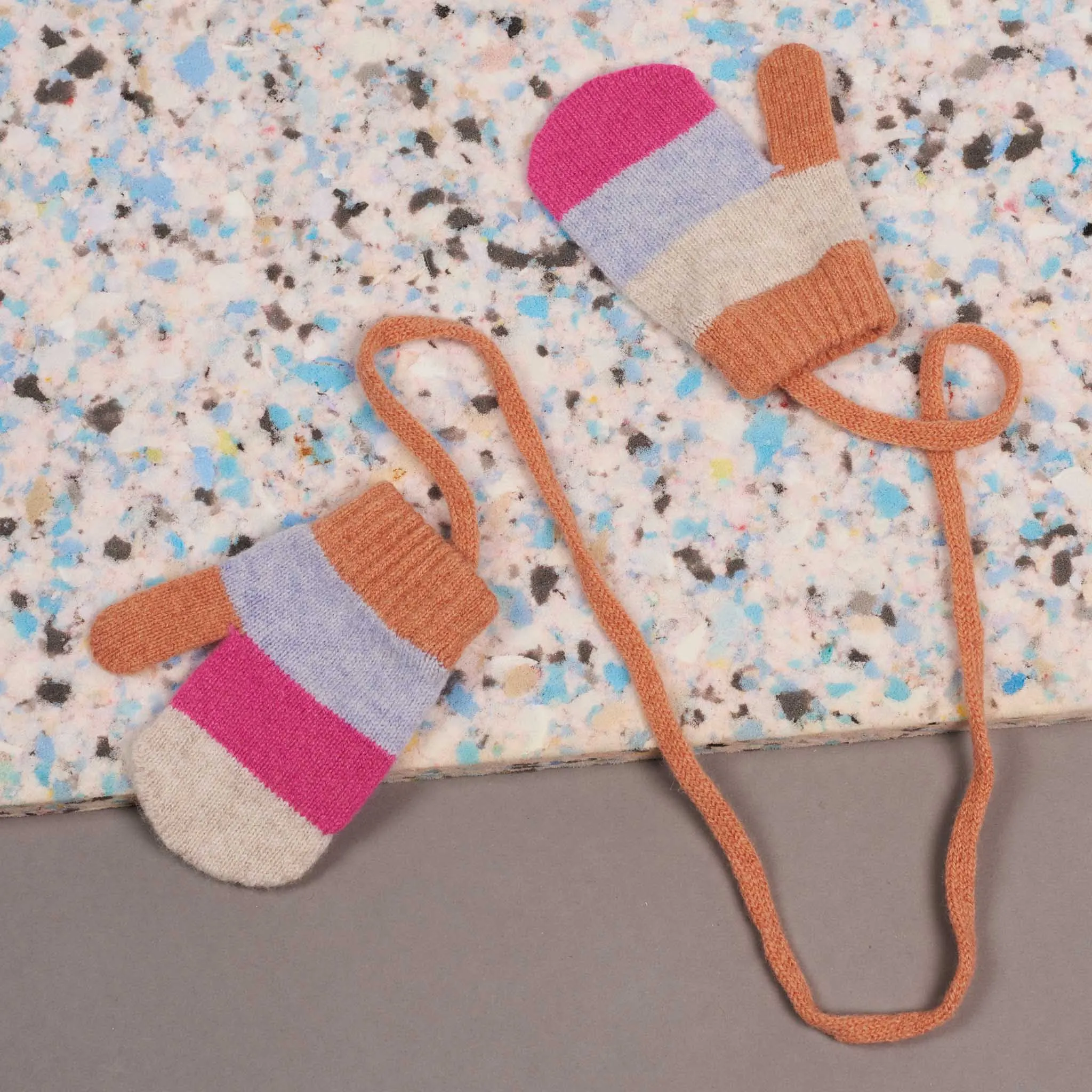 Kids' Bubblegum & Peach Block Lambswool Mittens on a String