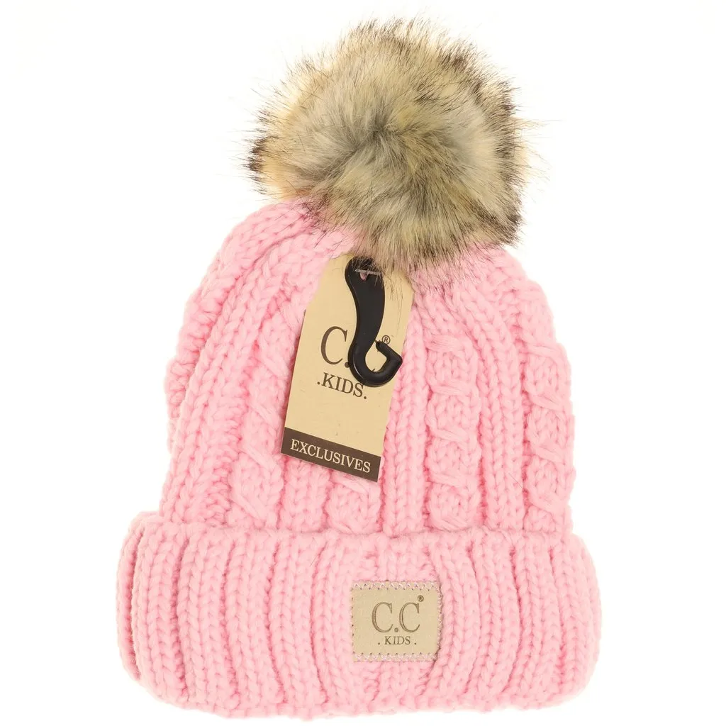 KIDS CABLE RIBBED FUR POM BEANIE