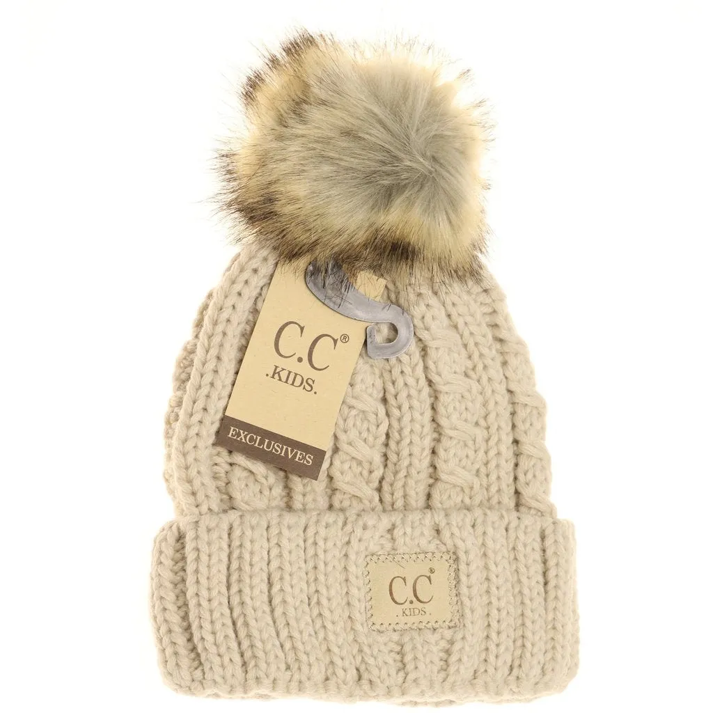 KIDS CABLE RIBBED FUR POM BEANIE