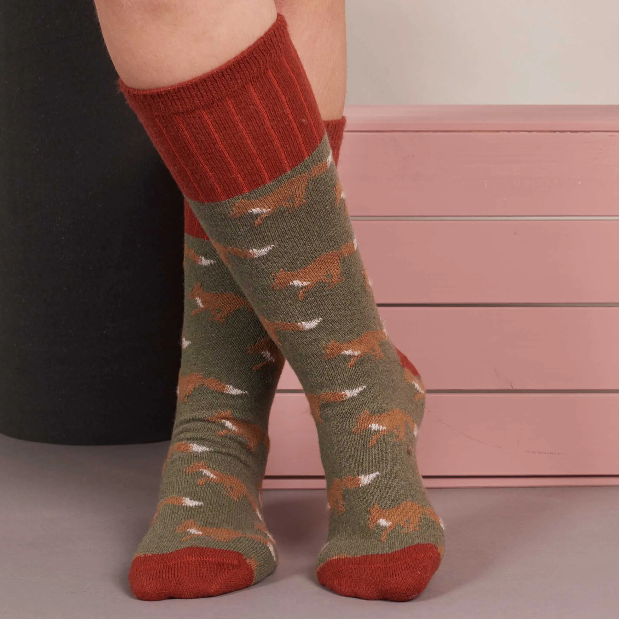 Ladies Dark Green Fox Lambswool Knee Socks