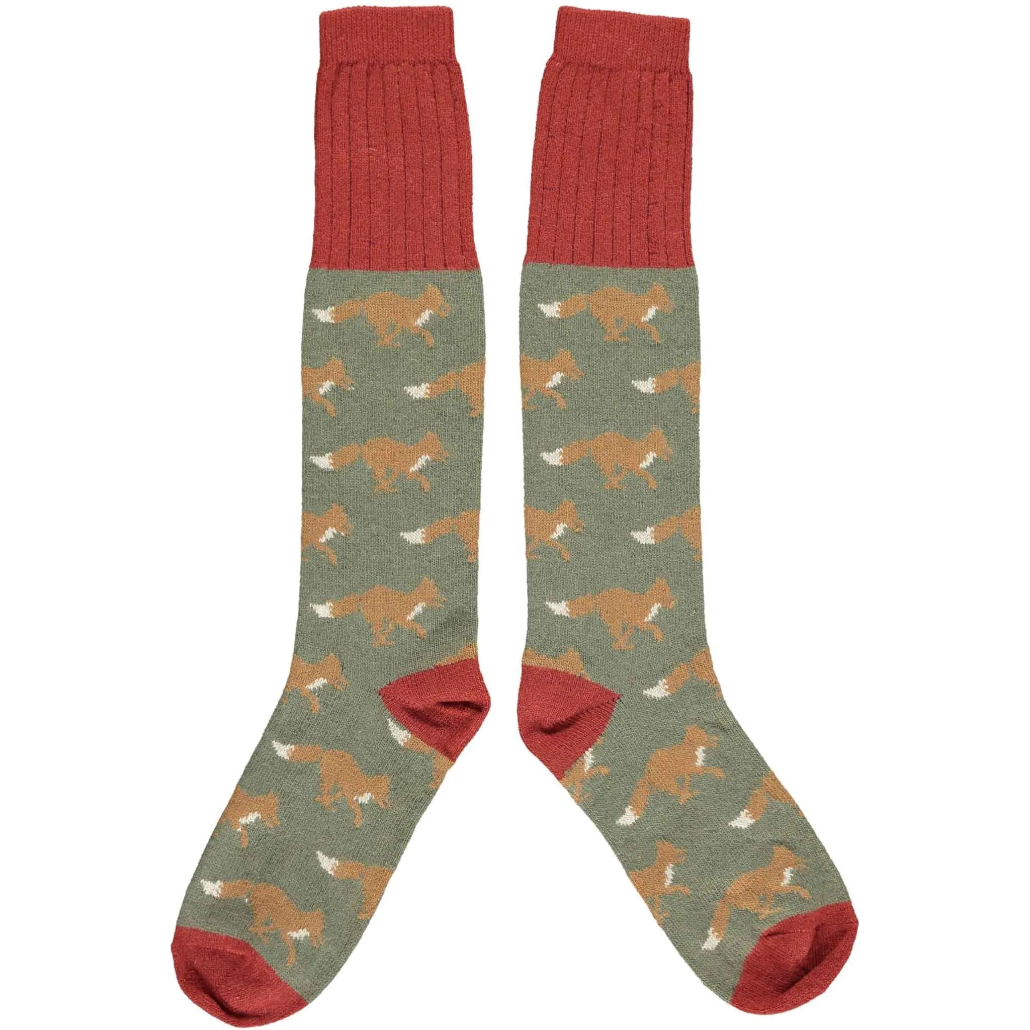 Ladies Dark Green Fox Lambswool Knee Socks